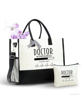 Canvas Tote Bag with Makeup Pouch Set Zipper Top Laptop Tote